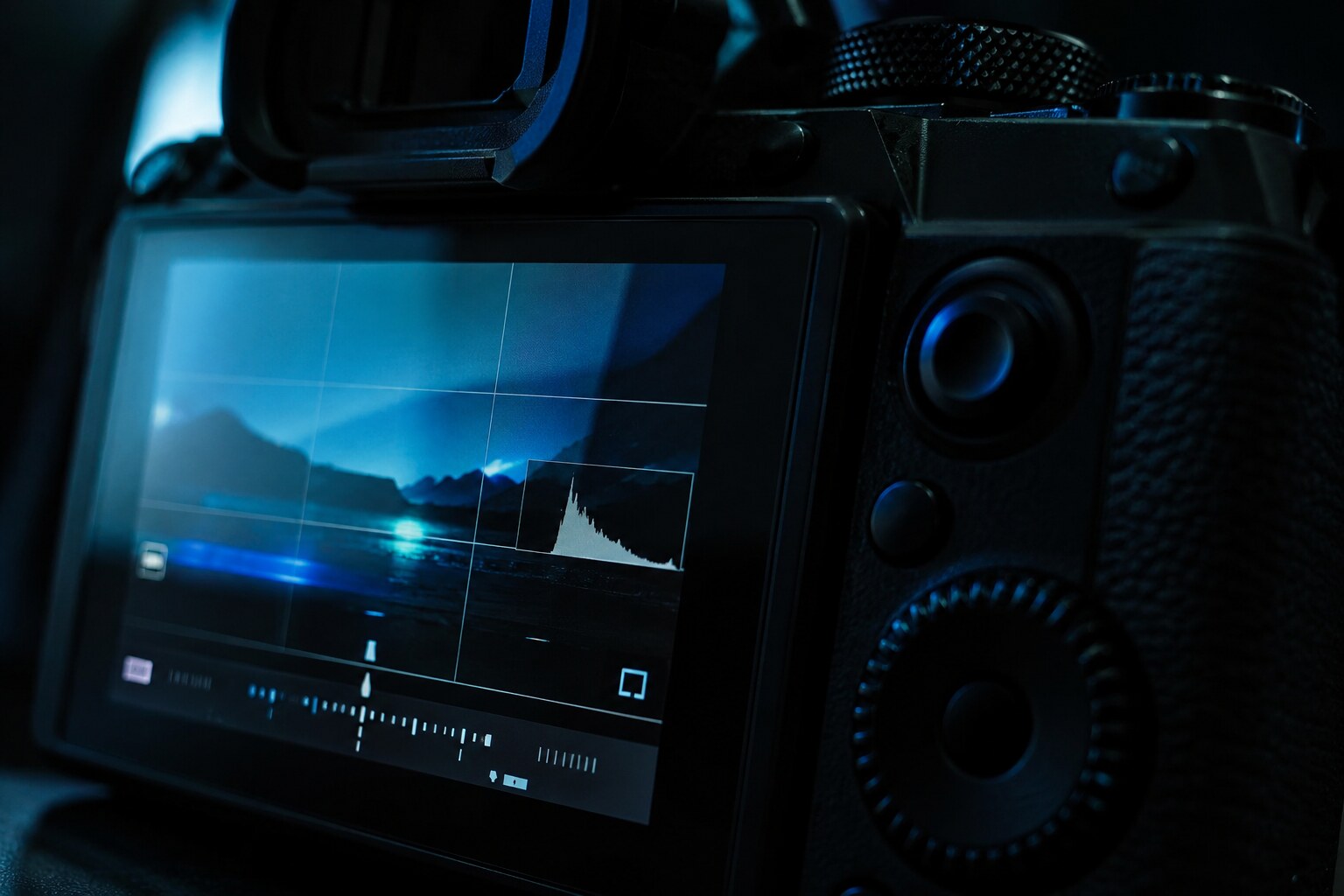 Close view of a camera display showing data flow