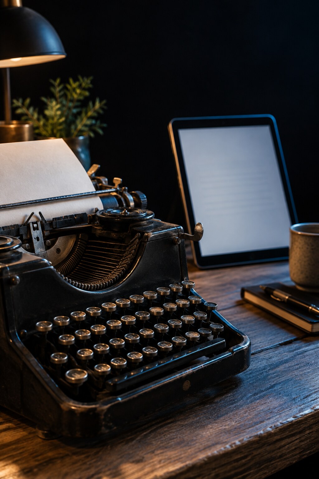 Mechanical typewriter visually paired with a modern tablet