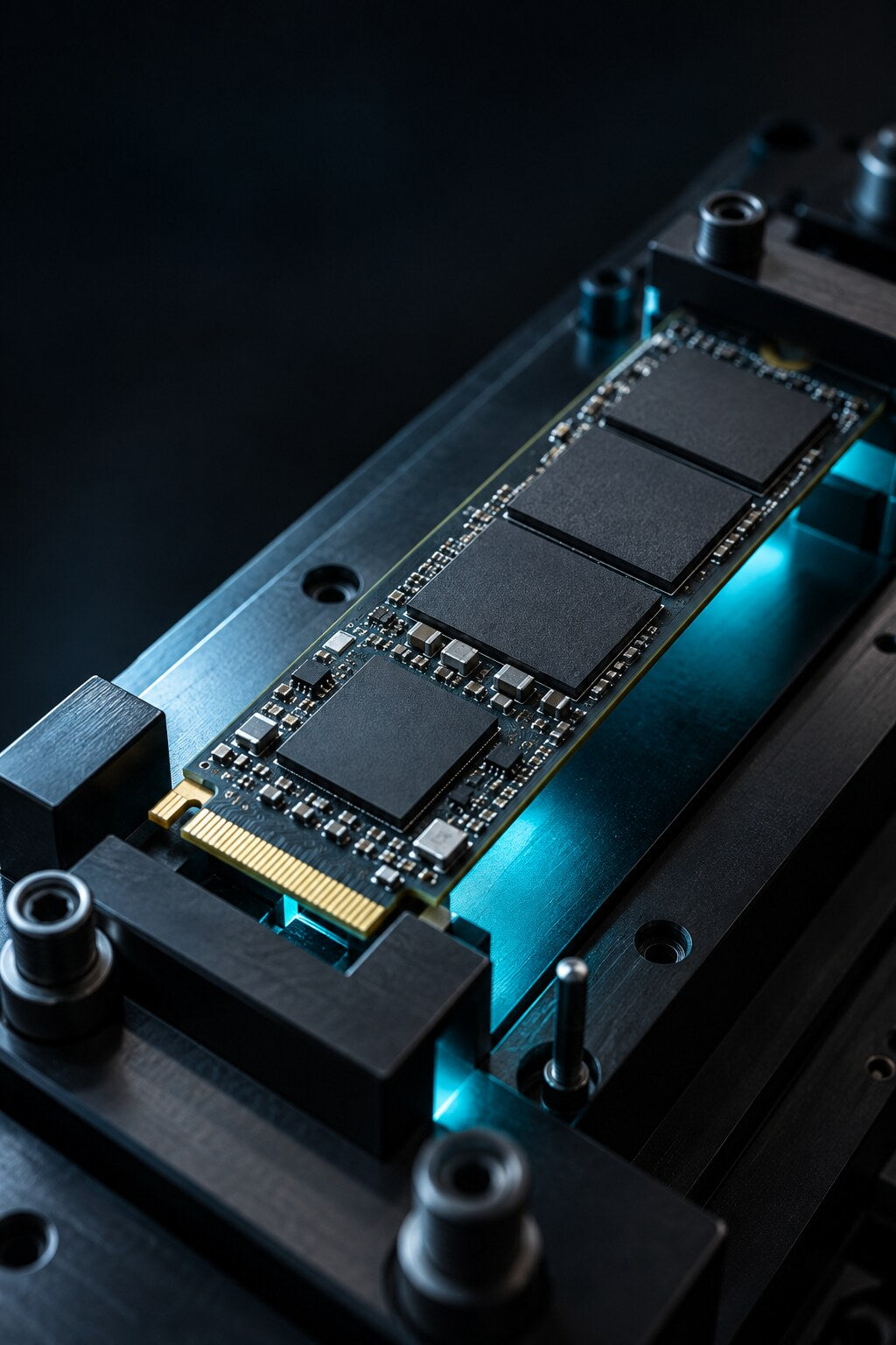 NVMe storage module under cyan studio light