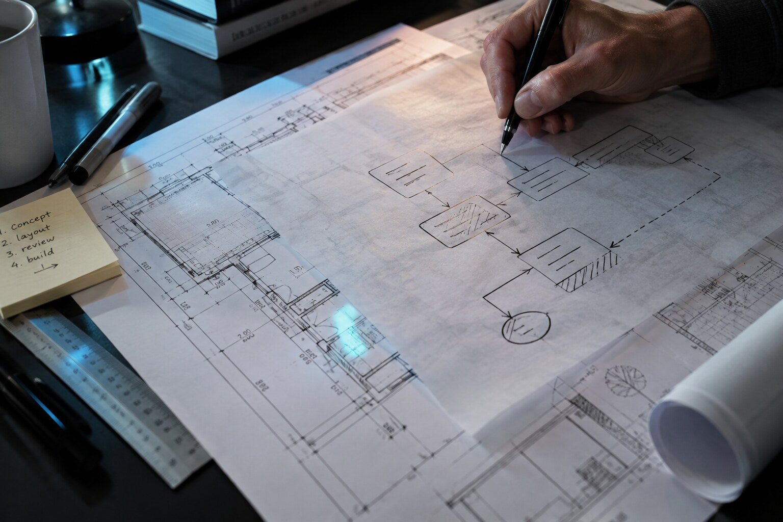 Hand-drawn workflow notes over a technical blueprint