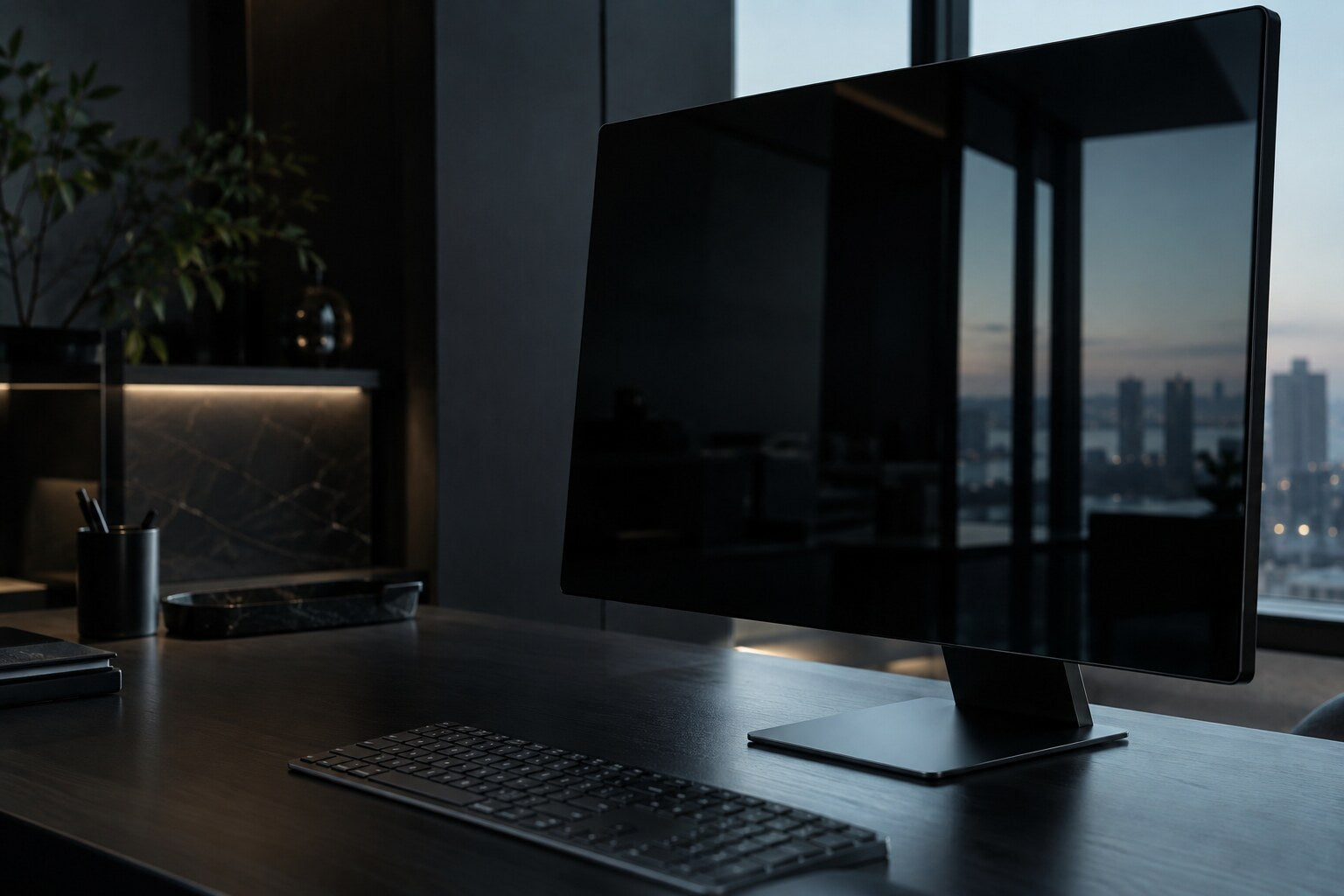 Matte black monitor reflecting a modern office