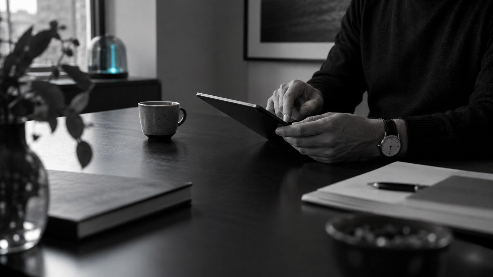 Professional working at a quiet desk with tablet and coffee